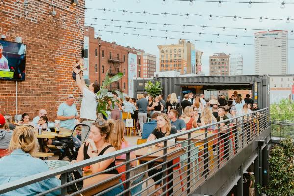 The two-story patio at Jackie O's on Fourth