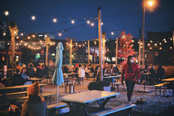 Land-Grant Brewing beer garden at night