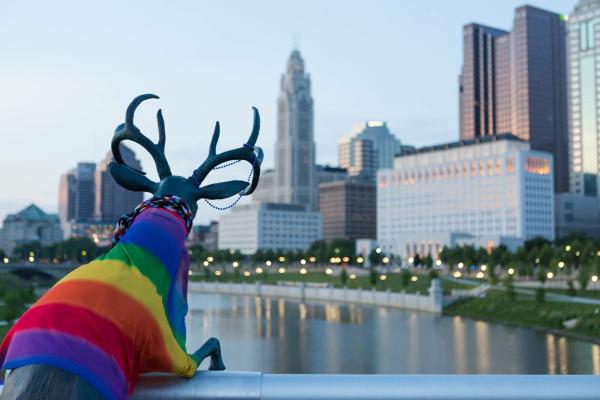 Deer statue on Scioto Mile wearing Pride flag