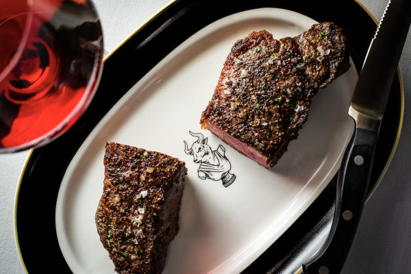 Strip steak and wine from Butcher & Rose in Columbus