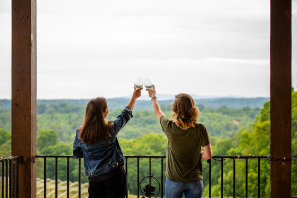 Two Women toasts wine glasses in front of a mountain scene