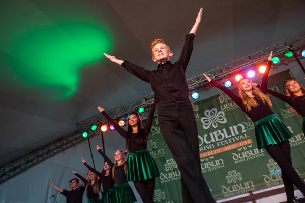 A group of Irish dancers performing at the Dublin Irish Festival