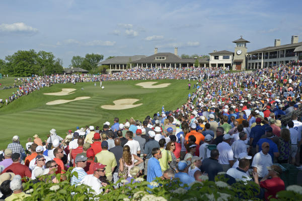 View of the crowd leading up to the 18th hole at the Memorial Tournament.