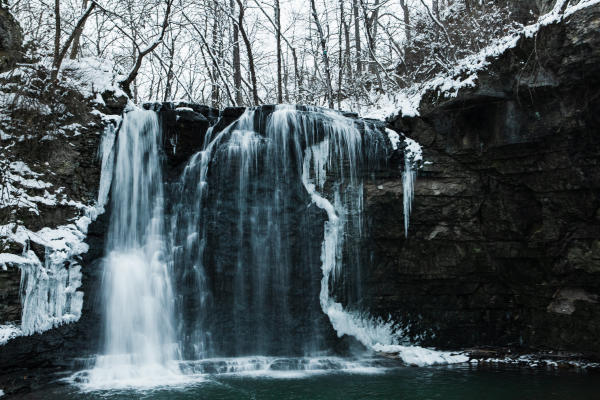 Hayden Run waterfall covered in snow and ice