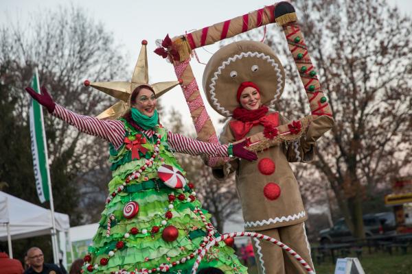 People dressed as a Christmas tree and Gingerbread man at the Tree Lighting Ceremony.