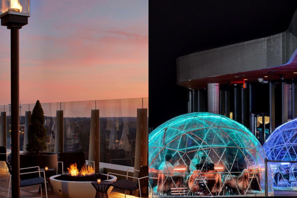 Two photos showing the patio of VASO in the summer and the igloos in the winter.