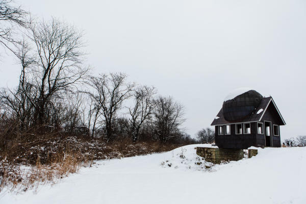 Watch House Public Art Installation covered in snow during the winter