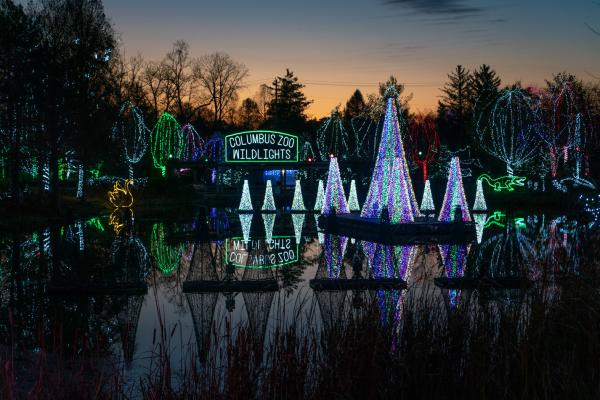 Holiday light display on the lake at the Columbus Zoo