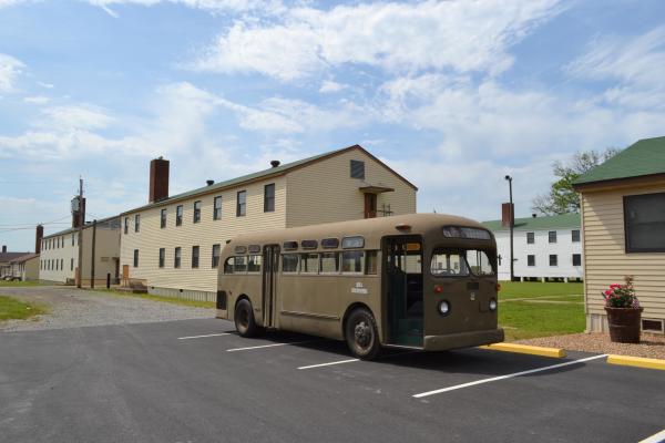 An old military bus on display at Chaffee Historic District in Fort Smith.