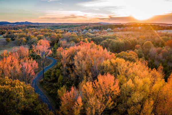 A beautiful sunset peeks through fall tress as a paved path weaves through colorful foliage in Chaffee Crossing.