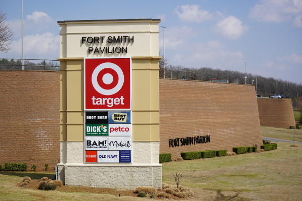 A photo of the Fort Smith Pavilion entrance sign on a sunny day.