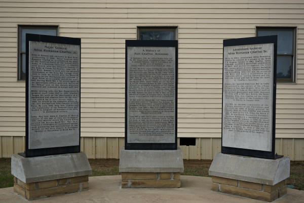 Three granite statues share the history of Fort Chaffee as the as the histories of Generals Adna Romonza Chaffee Jr. and Sr..