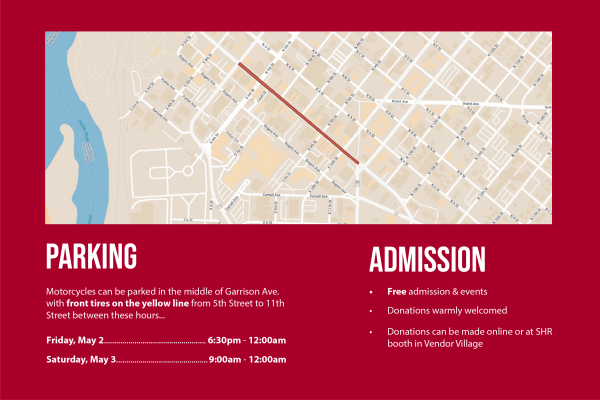 A flyer for the 2025 Steel Horse Rally including a map of the Garrison Avenue parking zone in Fort Smith, Arkansas.
