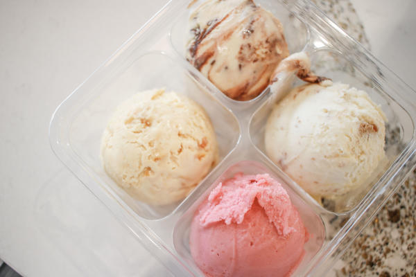 different colored ice cream scoops in a split food storage container