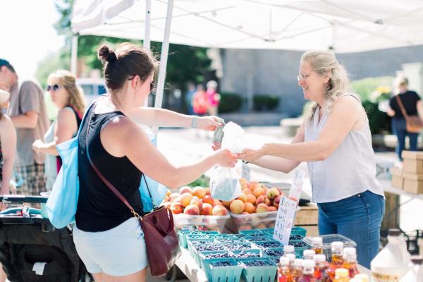 Woman purchasing fruit at farmers market