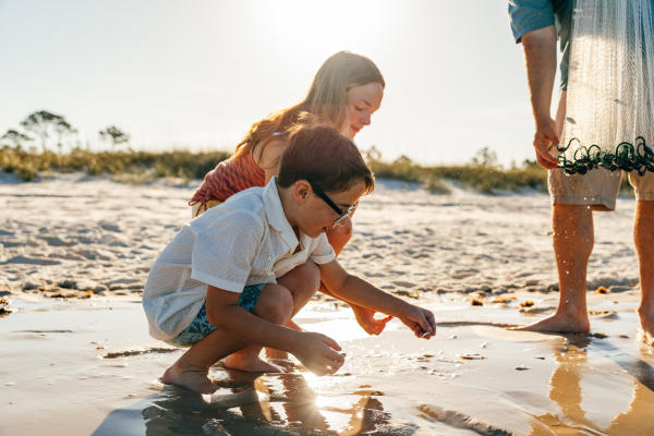 family collecting shells along the shoreline