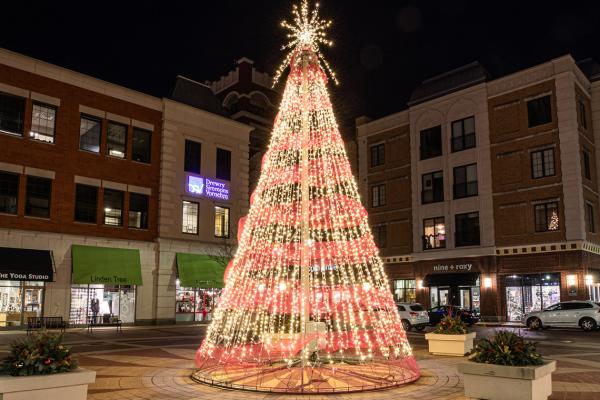Lit Christmas tree at the Carmel City Center
