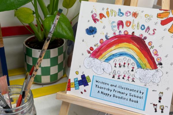 Rainbow book of emotions on a stand in Jodie's studio