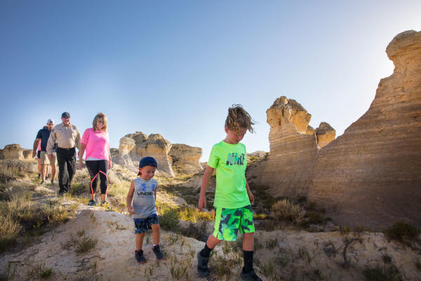 Family hiking at Little Jerusalem State Park