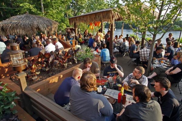 Outdoor patio with Hawaiian tiki theme