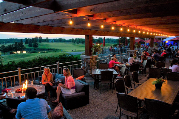 Patio on a golf course at sunset