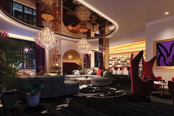 lounge with couches, high back chairs and chandeliers