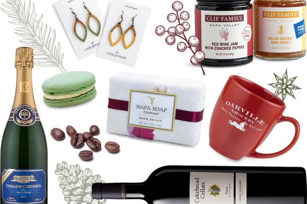 gifts from Napa Valley - wine bottles, earrings, soap, mug, jam, macaron