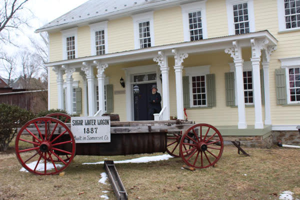 wagon outside a building