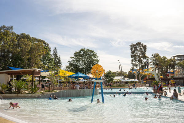 Children playing in the large aqua pool at Perth's Outback Splash