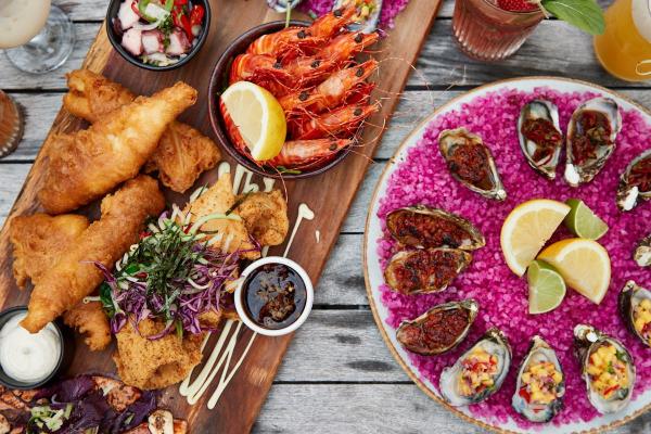 An aerial shot of a seafood platter at Oceans 27.