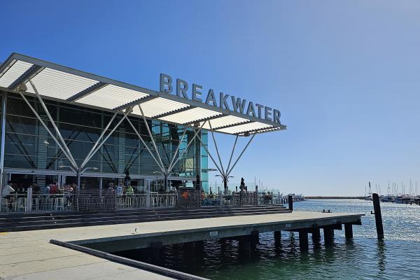 The exterior of The Breakwater, perched on the water at Hillarys Boat Harbour.