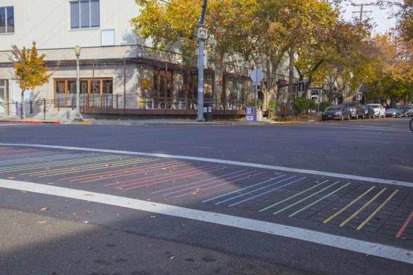 Rainbow sidewalks in Lavender Heights, Sacramento (intersection of 20th and K streets). Taken 12/1/2015.