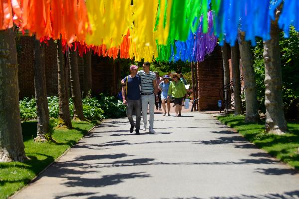 A couple walks through rainbow ribbons hung between the trees at Filoli