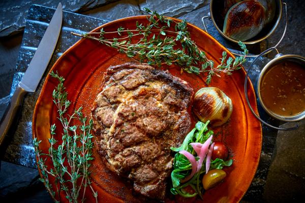 Ribeye steak served at hangar steak restaurant inside the SFO Marriott Waterfront in Burlingame