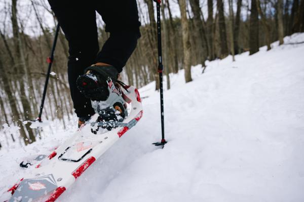 snowshoeing in snow in woods