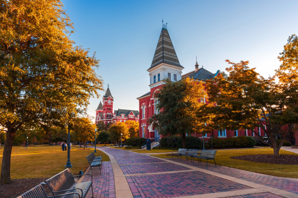 Red brick buildings with black shingled spires rise above green trees next to a cobblestone walking path cutting through flat green grass spaces