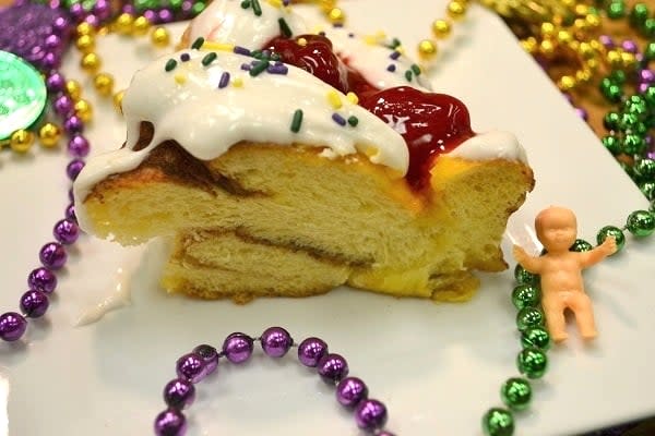 Randazzo's Camellia City Bakery king cake slice and beads