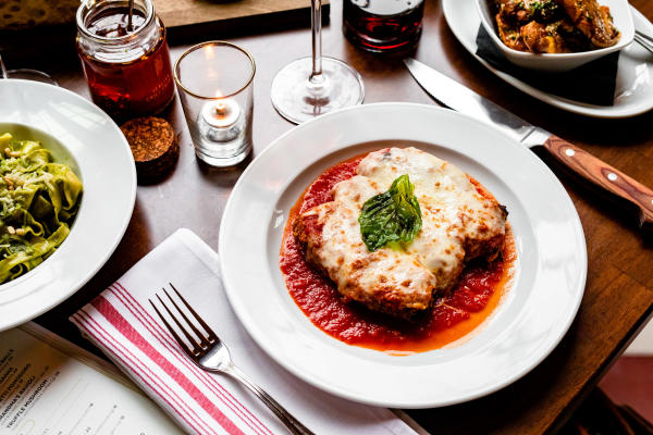 Chicken parmiagiana and wine at B.B. Italia