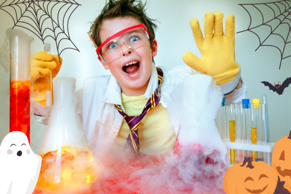 Boy dressed up as a mad scientist