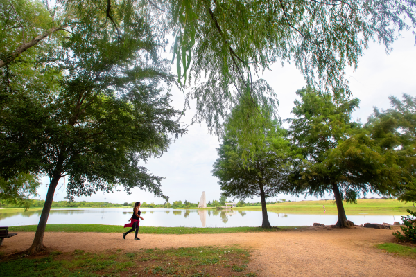 Two ladies enjoying a jog at Sugar Land Memorial Park.