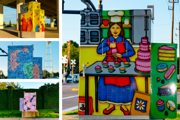Collage of traffic boxes wrapped in colorful pieces of art.