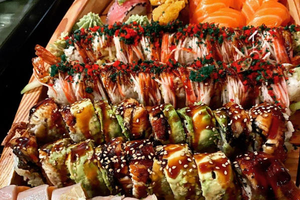 Party tray of a variety of sushi at Japaneiro's located at Sugar Land Town Square.