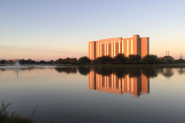 View across a lake at a hotel