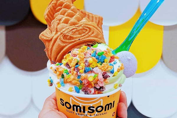 Filled taiyaki and matcha and vanilla swirl soft serve with Fruity Pebbles toppings at Somi Somi.