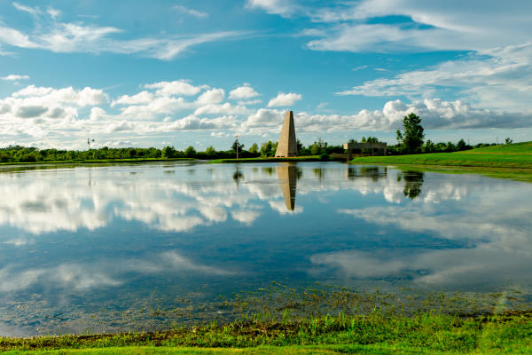 A distant view of the Veteran’s Memorial Remembrance Tower at Sugar Land Memorial Park