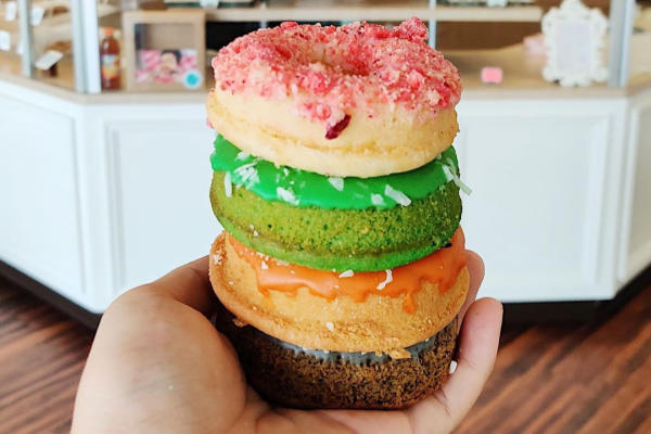 A stack of delectable mochi donuts from The Sweet Boutique Bakery located in Sugar Land Town Square.