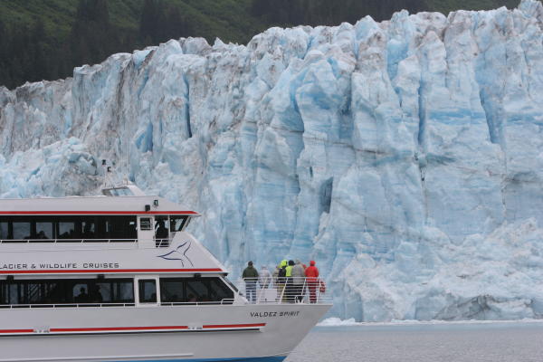 a cruise ship tours a tidewater glacier