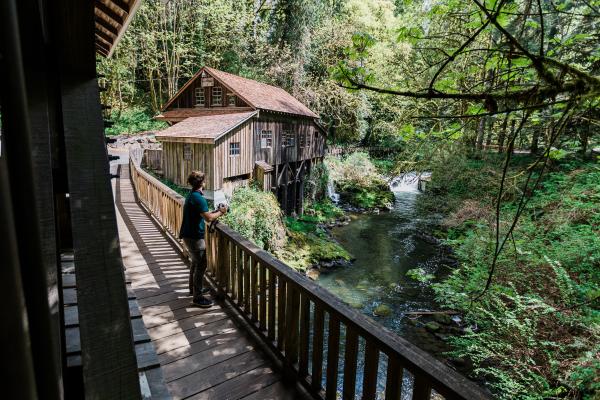 Person overlooks creek on bridge near cabin at Cedar Creek Grist Mill