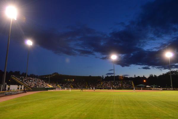 The Vermont Lake Mosnters baseball field under the lights