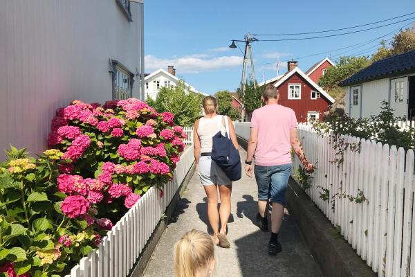 Familie som går langs hvite stakittgjerder og rosa blomster